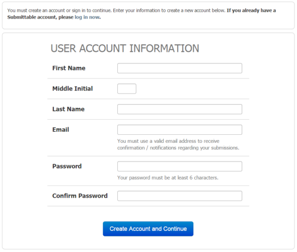 On the organization's submissions page, you'll be prompted to create a user account if you don't already have one.
