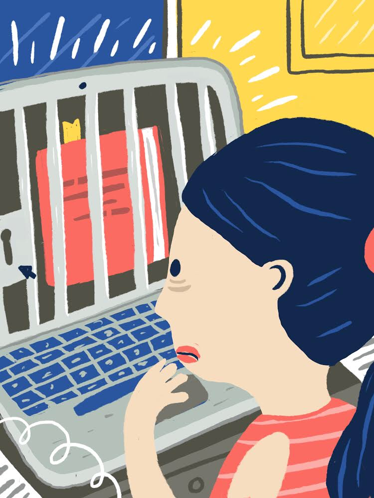 Illustration of woman looking a computer screen locked with bars and keyhole