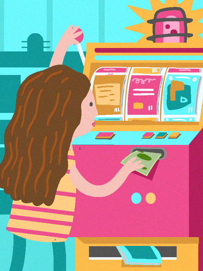 Illustration of writer putting money into slot machine