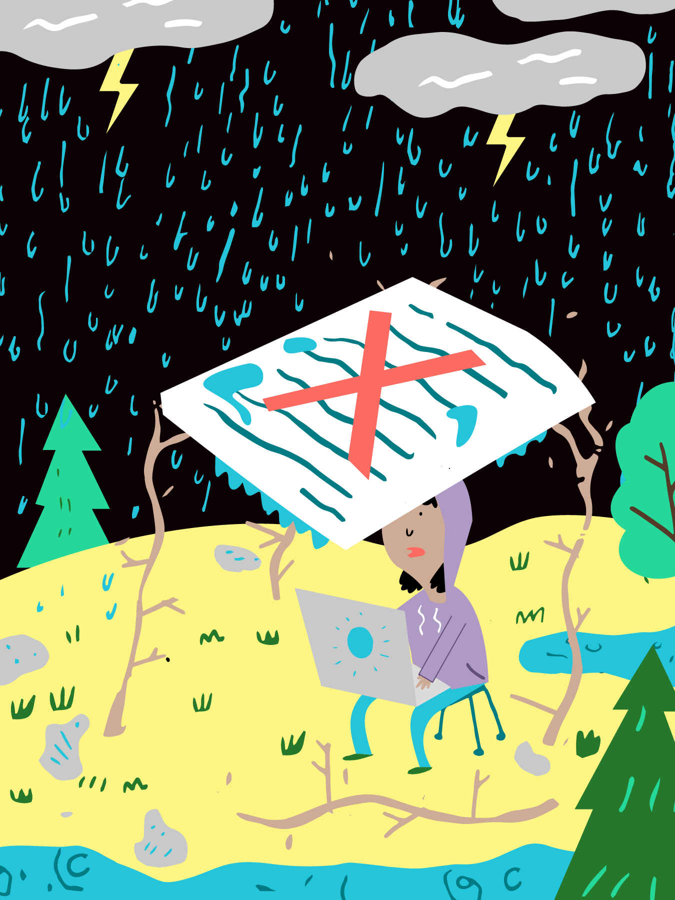 Illustration of author hiding under rejection in the rain