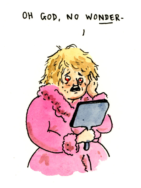 Cartoon of a woman in a robe looking in a hand mirror