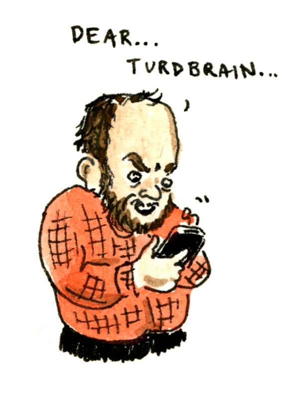 Cartoon of an angry man writing an email on his phone