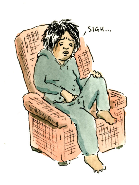Cartoon of a woman sitting on a couch with her hand in her pants