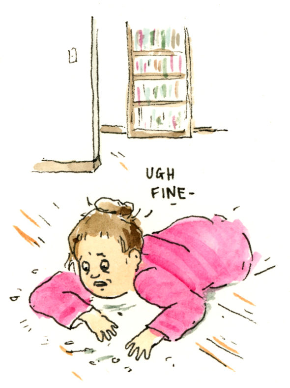 cartoon of a woman in a robe getting up off the floor