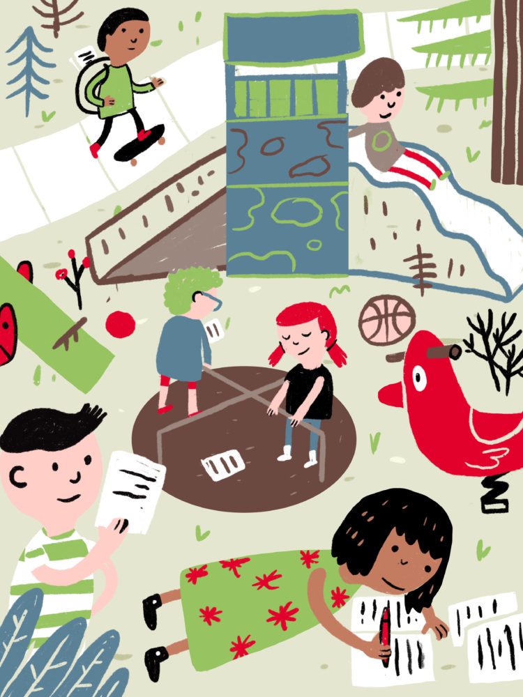 illustration of young writers playing