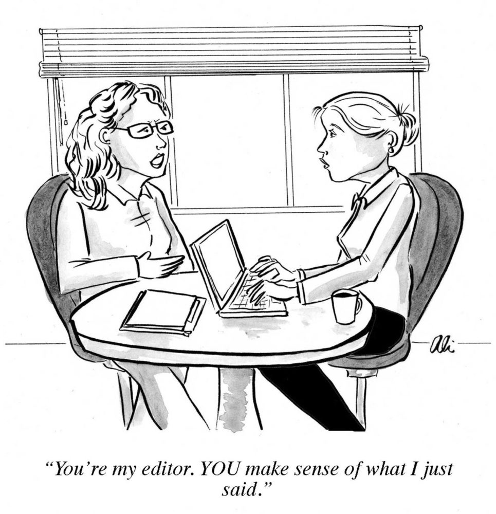 Literary cartoon depiction of a conversation between an editor and author