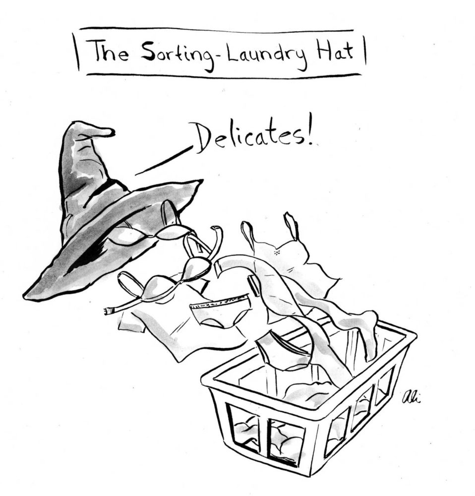 literary cartoon depicting a sorting hat