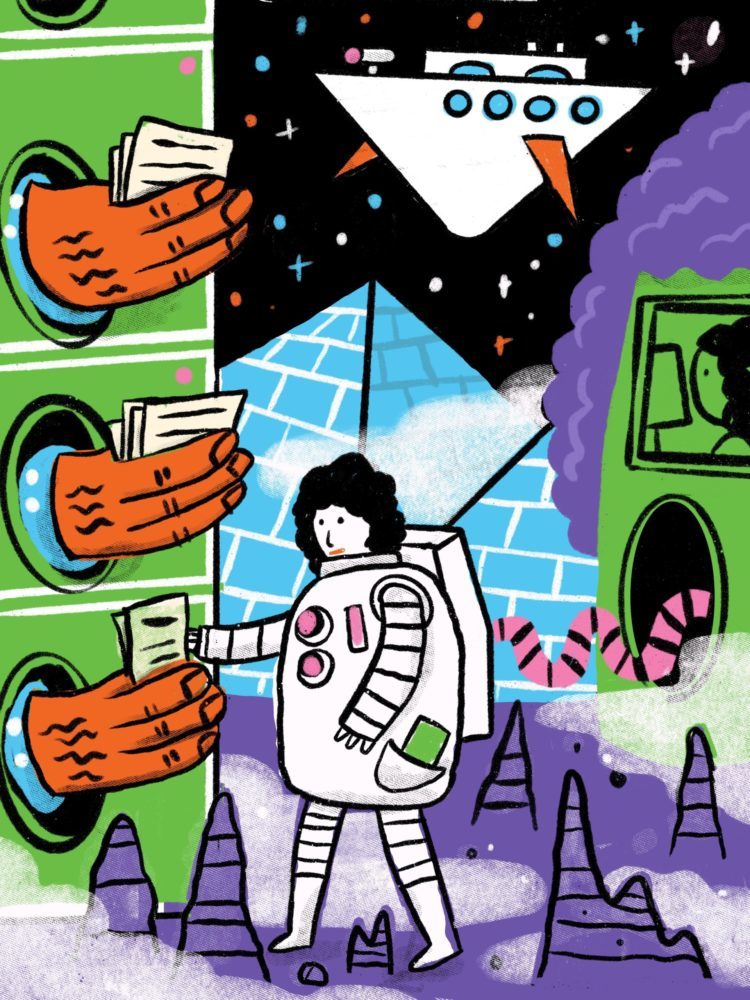 illustration of author submitting speculative reprints in a spacesuit